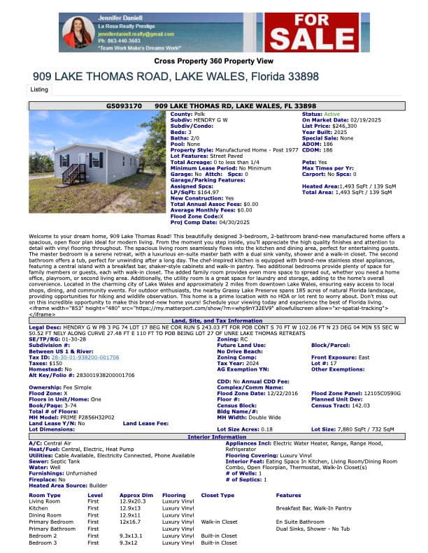 909 lake thomas road, lake wales, florida 33898 (pending)   home features