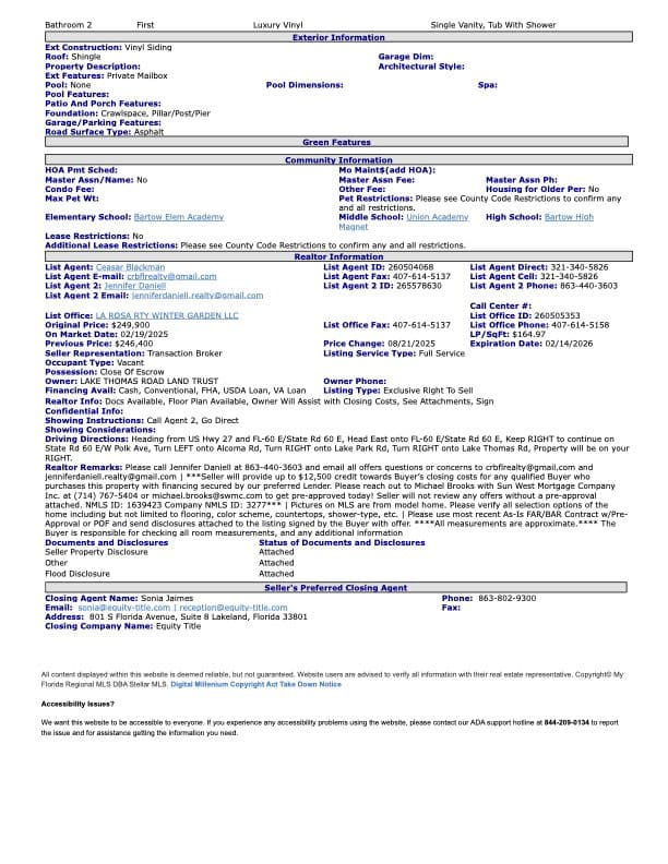 909 lake thomas road, lake wales, florida 33898 (pending)   home features